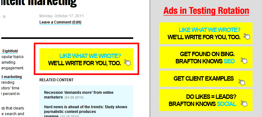 Screenshot portraying the use of different ad creatives.
