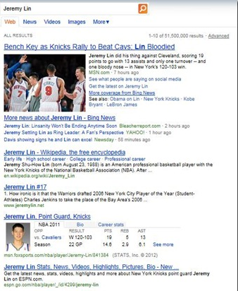 As part of its new Quality Insights series, Bing used the term "Jeremy Lin" to demonstrate the concept of "whole page relevance."