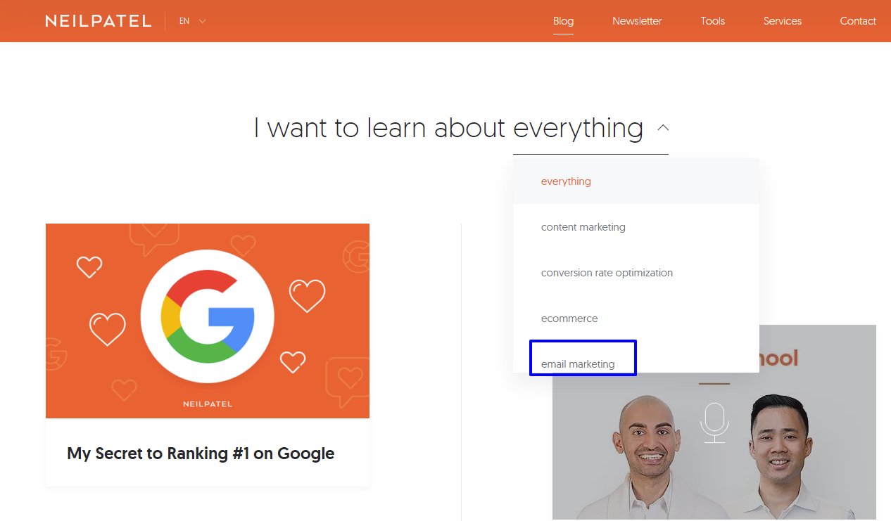 Neil Patel blog drop-down feature