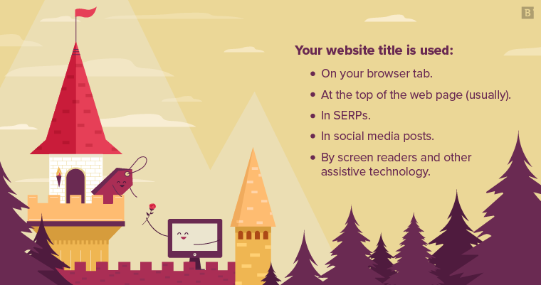 Your website title is used … On your browser tab At the top of the web page (usually) In SERPs In social media posts By screen readers and other assistive technology