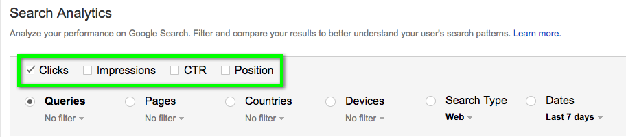 Filter clicks, impressions, CTR and average position for queries, specific pages, countries, etc.