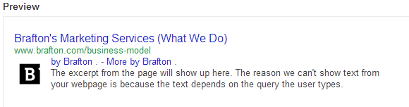 Brafton Service Overview Page Rich Snippet Example.