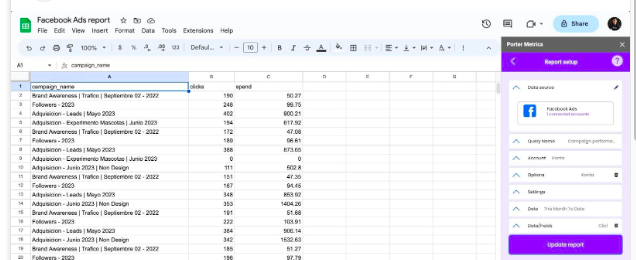 facebook analytics report Import to Google Sheets