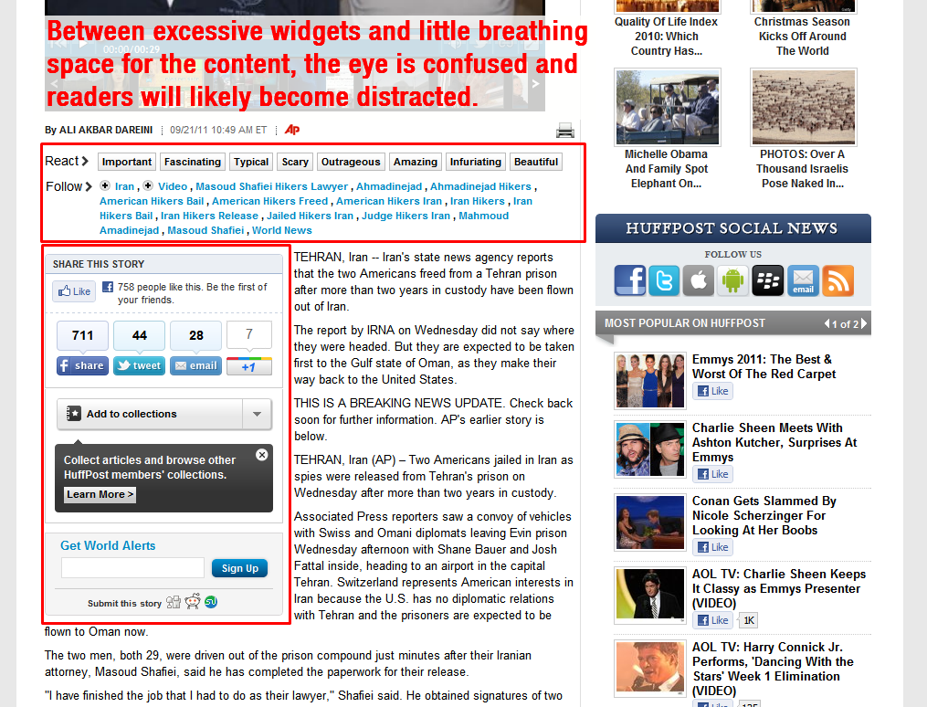Before: The Huffington Post content area is overcrowded and intensely cluttered, making the user experience suffer. Before: The Huffington Post content area is overcrowded and intensely cluttered, making the user experience suffer.