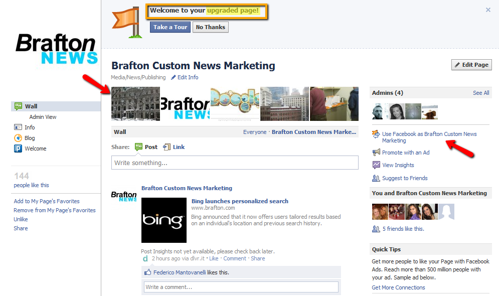 Here's what Brafton's Facebook Page looks like with the new Page features.